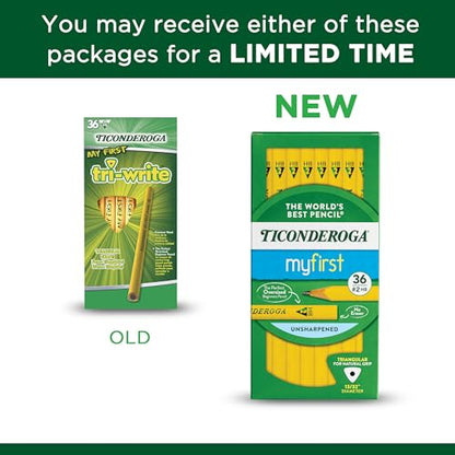 Ticonderoga My First Tri-Write Wood-Cased Pencils, Unsharpened, 2 HB Soft, Without Erasers, Yellow, 36 Count