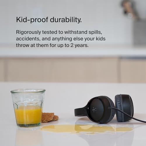 Belkin SoundForm Mini Kids Wired Headphones with Built-in Microphone & Fun Stickers, 85dB Safe Volume Limit – for Online Learning, Travel, Compatible w/iPhone 15, iPad, Galaxy S23, & More - Black - color: Black, style: Wired