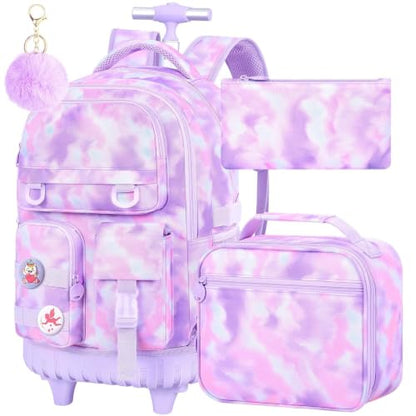 CCJPX Rolling Backpack for Girls, 3Pcs Roller Wheeled School Bookbag, Tie-dye Wheels Backpacks with Lunch Box for Kids (Pink) - color: Cloud Purple