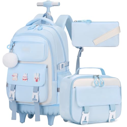 DIGOBAY Rolling Backpack for Girls, Roller School Bag with Wheels, Wheeled Backpacks with Lunch Bag Pencil case for Elementary School Bookbags with Cute Pins Blue - color: Blue