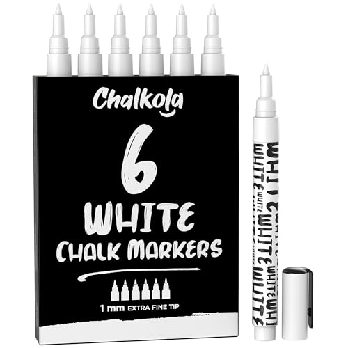 Chalkola White Chalk Markers Fine Tip (6 Pack, 1mm Extra Fine Point) - Dry Erase Liquid Chalk Pens for Chalkboard, Blackboard, Car Window, Bistro, Glass, Board, Calendar - White Chalkboard Markers - color: White - 1mm (6 Pack)