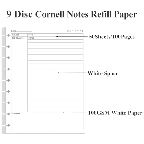 (2-Pack) Classic Size Cornell Notes Filler Paper - 9 Disc Discbound Cornell Notes Loose Leaf Paper for Happy Planners, 100 Sheets/200 Pages, 7" x 9.25" - size: 2-Pack, style: 9-Disc/Classic Size