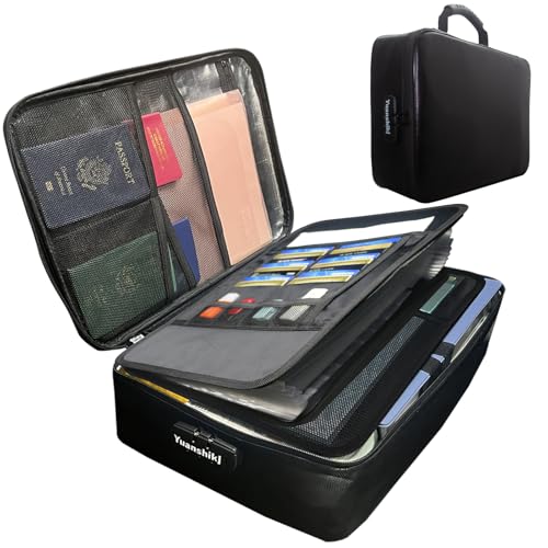 Yuanshikj Portable Fireproof Waterproof Document Organizer with Lock,Black | 3 digit Code,15.1"x11.2"x4.3",Heat Insulated Fire＆Water-Resistant Box 13 Layers File, Home Travel Safe Storage for Important - color: Black
