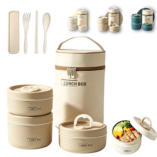 3 Tier Portable Insulated Lunch Container Set, Stackable Bento Box with Thermal Lunch Bag, Microwaveable Hot Food Container for Adults, Leakproof Thermal Food Container for Picnic, Work & Travel - color: Brown, size: 3 Tier