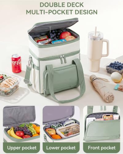 HOMESPON Double Layer Lunch Bag for Women Men, 14L Large Insulated Lunch Box with Shoulder Strap, Expandable Cooler Tote with Cup Holder for Work Office Picnic, Green - color: Green