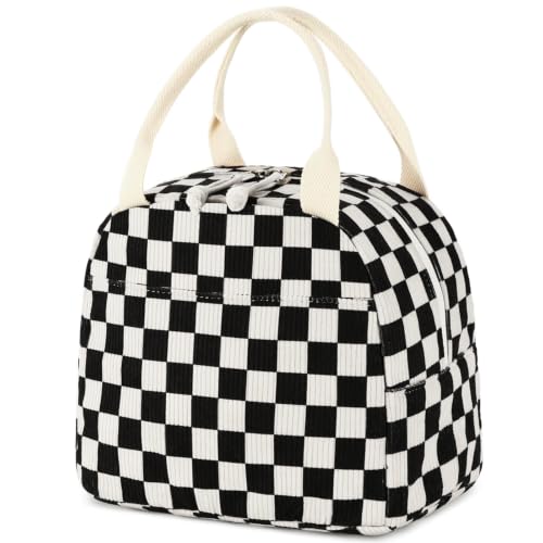 Bluboon Lunch Bag for Women Men Cute Corduroy Lunch Tote Bags Reusable Insulated Lunch Box Large Capacity Reusable Insulated Cooler for Work Picnic or Travel - color: Corduroy Black White checkered, size: Medium (10L)