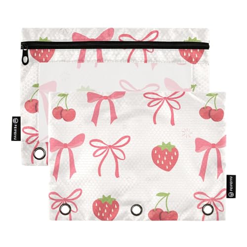 Pencil Pouch for 3 Ring Binder Red Cherry Bow and Strawberry 2 Pack Clear Window Pencil Bags with Zipper Pencil Case - color: Multicolored 14