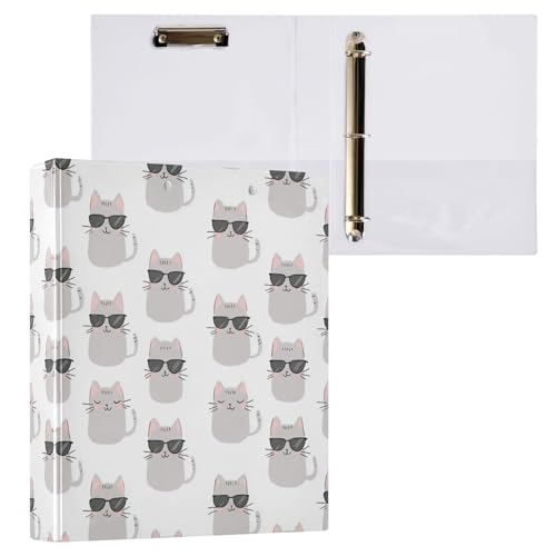 Fustylead Hand Draw Lovely Cat Wearing Sunglasses 3 Ring Binder, D-Rings 1.5" Hardcover Folder, Fits 200 Sheets of A4 Paper, Durable Clipboard & Clean View with Inside Pockets for School Home Office - size: 12.4x10.63x2.36 Inch-1 Pack