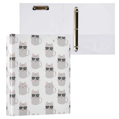 Fustylead Hand Draw Lovely Cat Wearing Sunglasses 3 Ring Binder, D-Rings 1.5" Hardcover Folder, Fits 200 Sheets of A4 Paper, Durable Clipboard & Clean View with Inside Pockets for School Home Office - size: 12.4x10.63x2.36 Inch-1 Pack