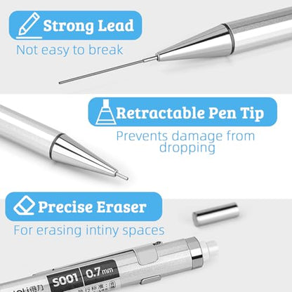 deli 0.7mm Metal Mechanical Pencil Set, 3 PCS Mechanical Pencils with 3 Tubes 2B Lead Refills and 3 Erasers, Writing & Drawing Pencil Kit for Back to School Stationery Supplies - color: 0.7mm