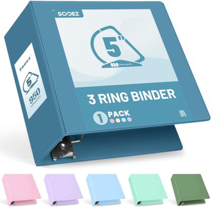 Sooez BinderX Extra Durable 5 Inch 3 Ring Binder, D-Ring Large Binder, Holds 950 Sheets of 8.5x11 Paper, Customizable View Cover with Inside Pockets, Heavy Duty 3 Ring Binder for School, Grey Blue - color: Grey Blue, size: 5 inch