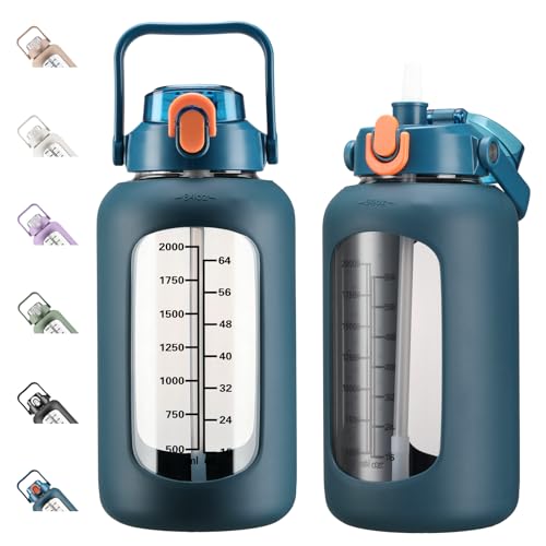 84oz Glass Water Bottle with Straw, 2.5 Liter Large Water Bottle with Silicone Sleeve and OZ Marker, Wide Mouth Gallon Glass Bottle with 2-in-1 Lid, Leakproof Water Jug for Gym Home, Blue - color: Blue, size: 84 Ounces