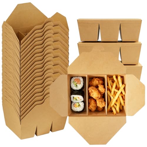 30 Pack Paper Take Out Food Containers, 3-Compartment 7.5x5.4x2.6" Kraft Brown Take Out Boxes, Disposable To Go Container Take Out Containers, Greaseproof Paper Bento Box Takeout Lunch Boxes with Lid - color: Kraft Paper Color-Snap