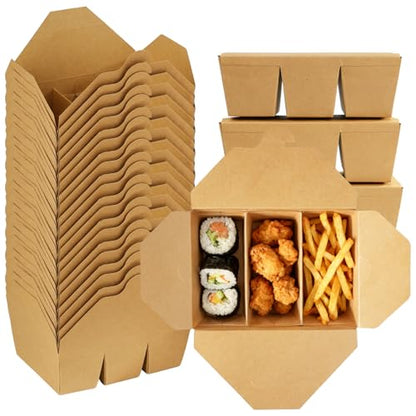 30 Pack Paper Take Out Food Containers, 3-Compartment 7.5x5.4x2.6" Kraft Brown Take Out Boxes, Disposable To Go Container Take Out Containers, Greaseproof Paper Bento Box Takeout Lunch Boxes with Lid - color: Kraft Paper Color-Snap