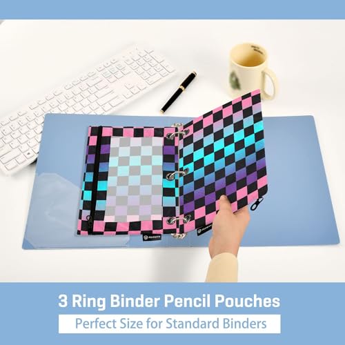 Rainbow Buffalo Plaid Binder Pouches 3 Ring for Boys Girls School Office College Supplies Purple Chessboard Pink Aqua Pencil Pouches Case Bag with Clear Window and Zipper 2 Pack - color: Purple