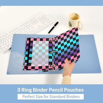 Rainbow Buffalo Plaid Binder Pouches 3 Ring for Boys Girls School Office College Supplies Purple Chessboard Pink Aqua Pencil Pouches Case Bag with Clear Window and Zipper 2 Pack - color: Purple
