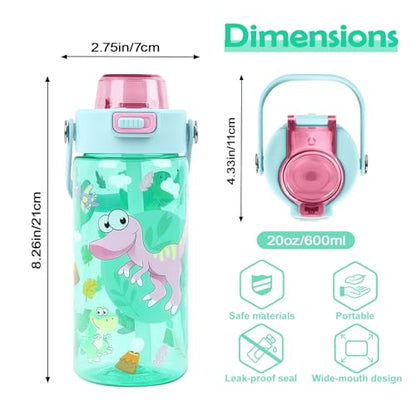 20oz Kids Water Bottle For School or Travel, Leak-Proof & Dishwasher, Durable Plastic Sport Water Bottle With Straw and Handle, Cute Donosaur - color: Green dinosaur