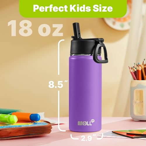 Kids Insulated Water Bottle with Straw-18 oz Stainless Steel Double Wall Vacuum Wide Mouth Water Bottle for School-Metal Travel Water Flask with Silicone Boot (Purple) - color: Purple, size: 18 Ounces