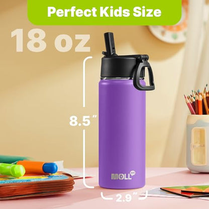 Kids Insulated Water Bottle with Straw-18 oz Stainless Steel Double Wall Vacuum Wide Mouth Water Bottle for School-Metal Travel Water Flask with Silicone Boot (Purple) - color: Purple, size: 18 Ounces