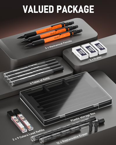 Nicpro 3 PCS 1.3 mm Orange Mechanical Pencils Set with 66 Lead Refill, 3 Eraser - Weatherproof Metal Barrel, Heavy Duty Carpenter Pencil MP2000 for Outdoor Marking Drafting Drawing Woodworking - style: 3 Pack (Orange)
