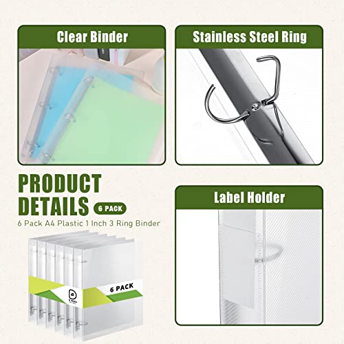 Crtiin 6 Pack 3 Ring Binder Clear Plastic 3 Holes Binder Notebook Covers, Snap Button Closure Refillable Notebook D/o Rings Binders Cover Protector for School Office Students Gifts(D Ring,1 Inch) - size: 1 Inch, style: D Ring
