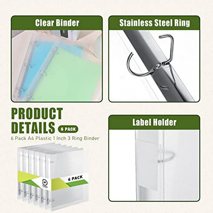 Crtiin 6 Pack 3 Ring Binder Clear Plastic 3 Holes Binder Notebook Covers, Snap Button Closure Refillable Notebook D/o Rings Binders Cover Protector for School Office Students Gifts(D Ring,1 Inch) - size: 1 Inch, style: D Ring