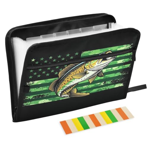 Gredecor 13 Pockets File Folder Organizer A4/Letter Water Resistant Document Bag with Zipper Filing Folder Expanding File Pouch Storage for School Office, American Flag Fishing - color: American Flag Fishing