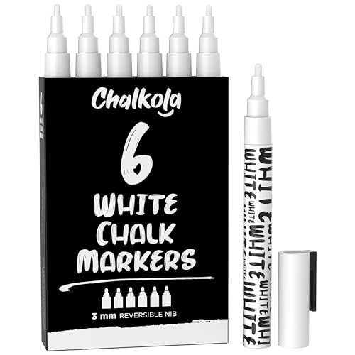 Chalkola White Chalk Markers - White Dry Erase Liquid Chalk Pens for Chalkboard, Blackboard, Window, Bistro, Car Glass, Board, Signs - 3mm Reversible Bullet & Chisel Point - color: White - 3mm (6 Pack)