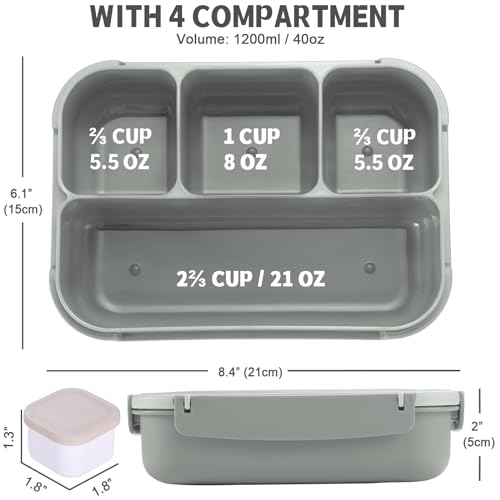 Bento Box Adult Lunch Box, Lunch Containers for Kids Girls Boys with 4 Compartments, Lunchable Food Container with Utensils, Sauce Jar, Muffin Liners, 40 Oz/5 Cup, Microwave & Dishwasher Safe, Gray - color: Gray