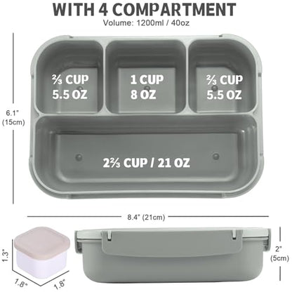 Bento Box Adult Lunch Box, Lunch Containers for Kids Girls Boys with 4 Compartments, Lunchable Food Container with Utensils, Sauce Jar, Muffin Liners, 40 Oz/5 Cup, Microwave & Dishwasher Safe, Gray - color: Gray