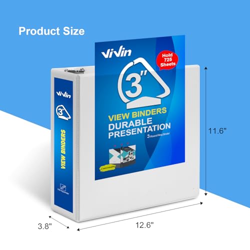 ViVin Durable 3 inch D Ring View Binder, Large 3" Slant-D Ring with 725-Sheet Capacity, Fit 8.5" x 11" Paper, 10 Pack(White) - color: White, size: 3 Inch, style: 10 Pack