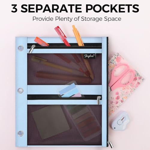 SKYDUE 3 Ring Pencil Pouch for Binder, Zipper Binder Pencil Pouch with 3 Pockets and Mesh Window, Durable Organizer for School Supplies, Cables, Earbuds, Makeup - color: Skyblue