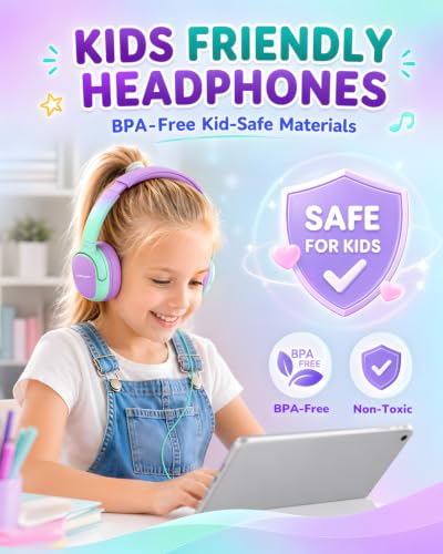 Jimonyer Kids Headphones with Safe Volume Limited for School Travel | 3.5mm Wired, Foldable, Stereo Sound On-Ear Headset for iPad Computer Boys Girls (GreenPurple) - color: GreenPurple
