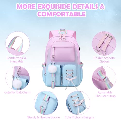 ACESAK Kids School Backpack for Girls, 4-In-1 Bookbag Backpack Set with 14OZ Insulated Kids Water Bottle (Pink Blue) - color: Pink-to-blue Gradient