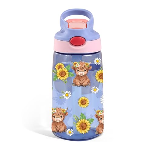 Highland Cow Gifts 14oz Water Bottle with Straw - Leakproof BPA-Free Plastic Pop-Up Spout, Reusable Leak Proof Travel Bottle for Outdoor Sports - color: Cow1