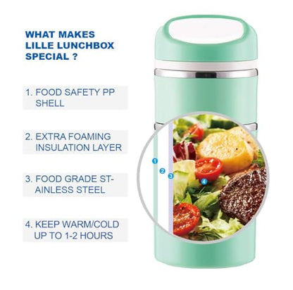 Lille Home Stackable Stainless Steel Thermal Compartment Lunch/Snack Box, 3-Tier Insulated Bento/Food Container with Lunch Bag, Utensils Set and Three Extra Seals, 43OZ (Green with Utensils) - color: Green with Utensils
