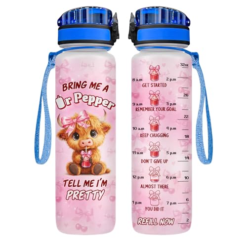 34HD Highland Cow Water Bottle with Time Marker & Straw 32 oz, Pink Pepper Aesthetic Gifts for Women Girls, for Soda Lovers Cute Fluffy Cow Tumbler Merch - color: Brown Pink