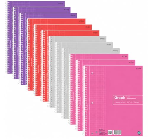 Emraw Quad Ruled Notebook Spiral with White Paper - Set Includes: Blue, Black, Yellow, & Green Covers (12 Pack) - size: 12 Pack