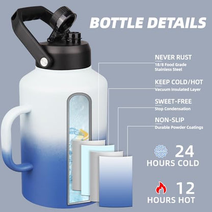 BJPKPK 1 Gallon Water Bottle with Handle, Large Dishwasher Safe 128oz Insulated Water Bottle, BPA Free Water Jug, Wide Mouth Metal Flasks with Anti-slip Bottom, Keep Cold & Hot,Sky - color: Sky, style: 128oz-Side Handle