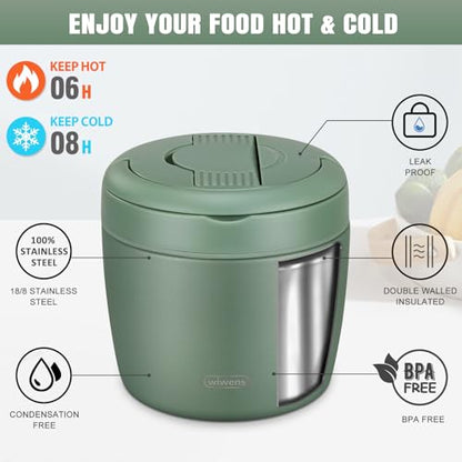 wiwens Thermo Food Jar for Hot Food Adults 32OZ Soup Thermo Lunch Containers Wide Mouth Vacuum Insulated Stainless Steel Leakproof Bento Box with Spoon (Green) - color: Green