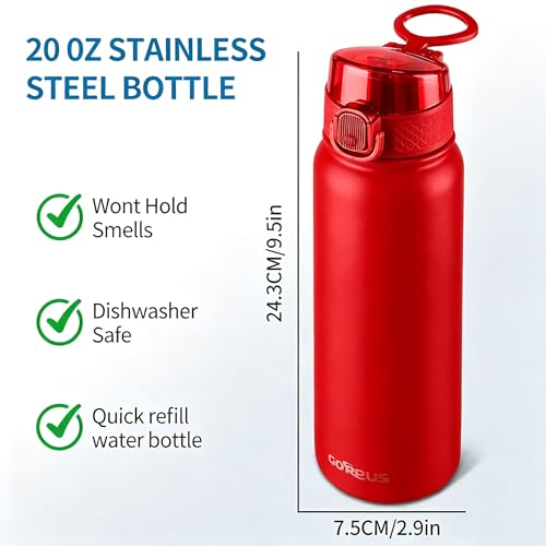 GOPPUS 20 Oz Insulated Stainless Steel Water Bottle BPA-Free Sports Water Bottle, Great for Travel, with Chug Lid - Leak & Sweat Proof with Anti-Dust Lid(Red) - color: Red