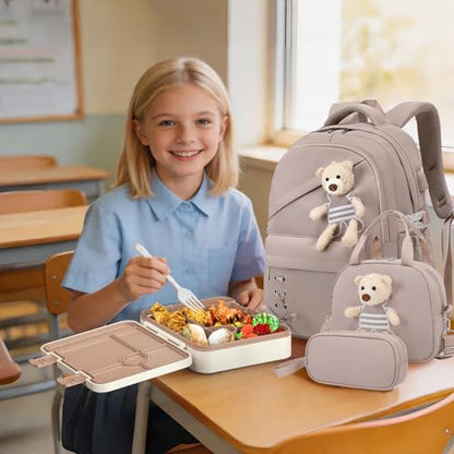 ACESAK Backpack for Girls with Bento Box - 4 PCS Cute Girls Backpack with Lunch Box, Pencil Case & Bento Box Set - 43oz Leakproof Lunch Box Kids Snack Containers Set Back to School Supplies (Khaki) - color: Khaki