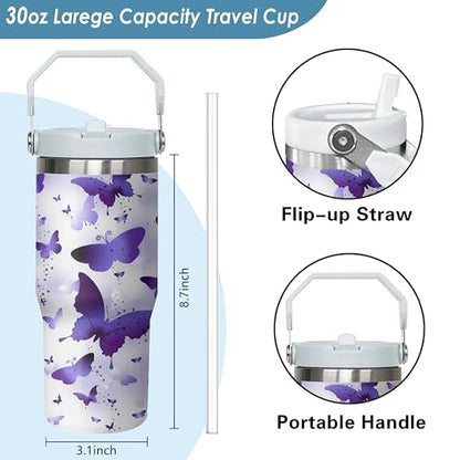 Queen Hero 30oz Butterfly Tumbler with Handle,Large Insulated Tumbler with Flip & Straw Coffee Mug Cup Stainless Steel Gifts for Women Men Youth - color: Purple white