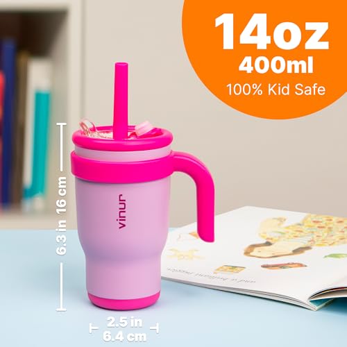 VINUR Insulated Tumbler with Handle 14 oz-17 oz Stainless Steel Double Wall Vacuum Tumbler Travel Water Cup with Lid and Straw - color: Purple Pink-Rose Pink, size: 14 Ounces