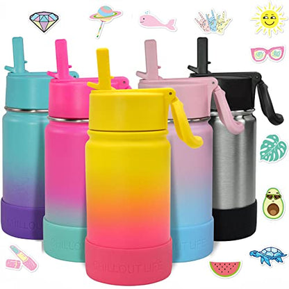 CHILLOUT LIFE 12oz Kids Insulated Stainless Steel Water Bottle with Leak Proof Straw Lid & 144 Stickers - color: Nectarine, style: 12 oz