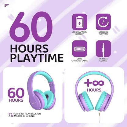 JoySpark Kids Bluetooth Headphones, Lightweight Wireless Headphones for Kids, 85/94dB Volume Limited, 60 Hours Playtime, Bluetooth 5.3, Over-Ear Toddler Headsets with Built-in Mic-Purple - color: Purple