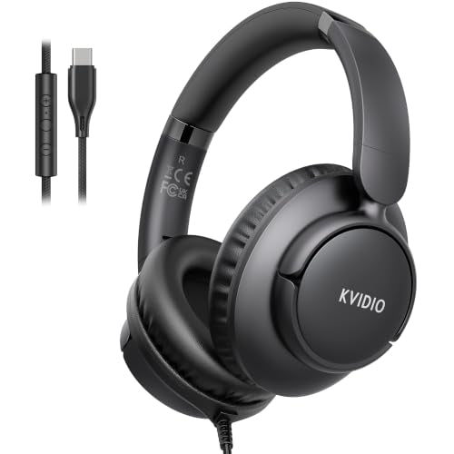 KVIDIO Wired USB C Headphone with Microphone, Over Ear Foldable Type C Corded Headphones with 4.9ft Tangle-Free Cord for Tablet Laptop School Airplane Travel, Black - color: Black