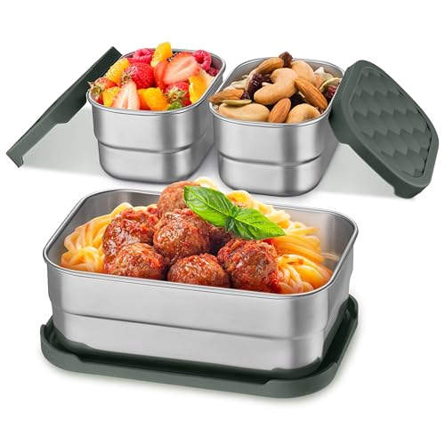 Homikit 3 Pack Kids Lunch Box Set, 18/10 Stainless Steel Bento Boxes with Silicone Lids Leak Proof, 5 Cups Reusable Metal Food Snack Containers for School Daycare, Nontoxic & Dishwasher Safe, Gray - color: Gray, size: Medium