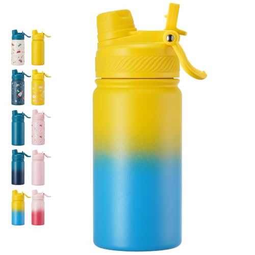 12 oz Kids Water Bottle, 2-in-1 Stainless Steel Vacuum Insulated Water Bottle for Toddler, Spout & Straw, Double Wall Thermal Flask for Boys&Girls, School, Outdoor, Travel (Gradient Yellow & Blue) - color: Gradient Yellow & Blue, size: 12 Ounces