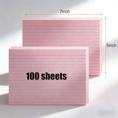 5x7 Flash Cards for Studying, 100 Pack Heavy 160GSM Pink Index Cards — College Ruled & Blank Back, Thick Note Cards with Binder Ring for Nursing School, MCAT & Bar Exam Prep - color: Pink